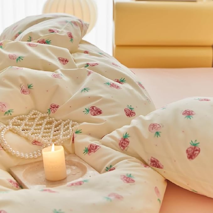Nayoroom Strawberry Duvet Cover Set Queen Size Girls Cute Pink Strawberries Kawaii Comforter Cover 3 Pieces Soft Lightweight Microfiber Cream White Bedding with Zipper Closure