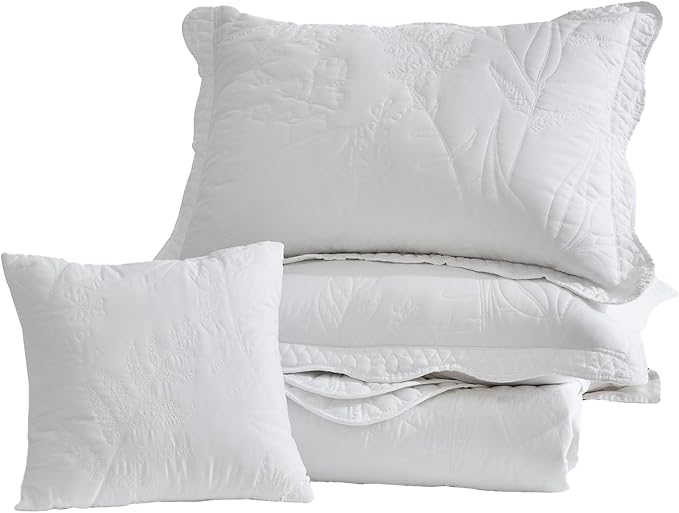 Botanical Bedspread Full Size - Leaves Pattern Stitching Quilt Set - Elegant & Fresh Style Bedding Coverlets, Reversible, Lightweight, 5 Piece, White