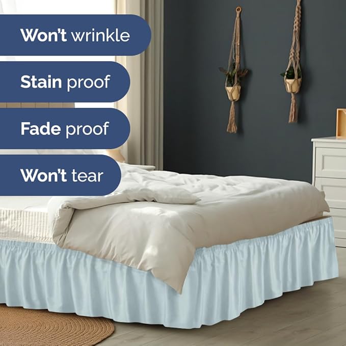 Wrap Around Dust Ruffle Bed Skirt - Ice Blue - for King Size Beds w/ 15 Inch Drop - Easy Fit Elastic Strap - Adjustable Pleated Bedskirt w/Brushed Fabric - Wrinkle Free - for Women, Men, Kids & Teens