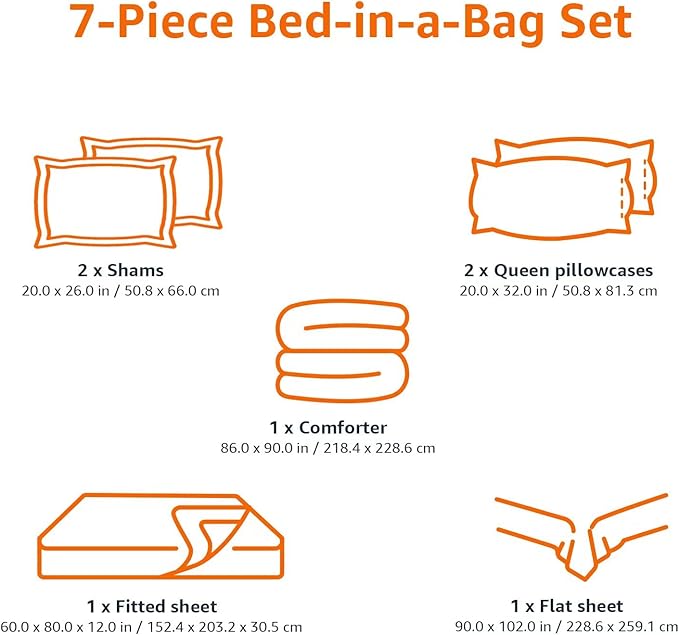 Amazon Basics Full/Queen Comforter Set with Sheets, 7-Piece Navy with Grey Plaid Bedding, Lightweight Microfiber Bed-in-a-Bag