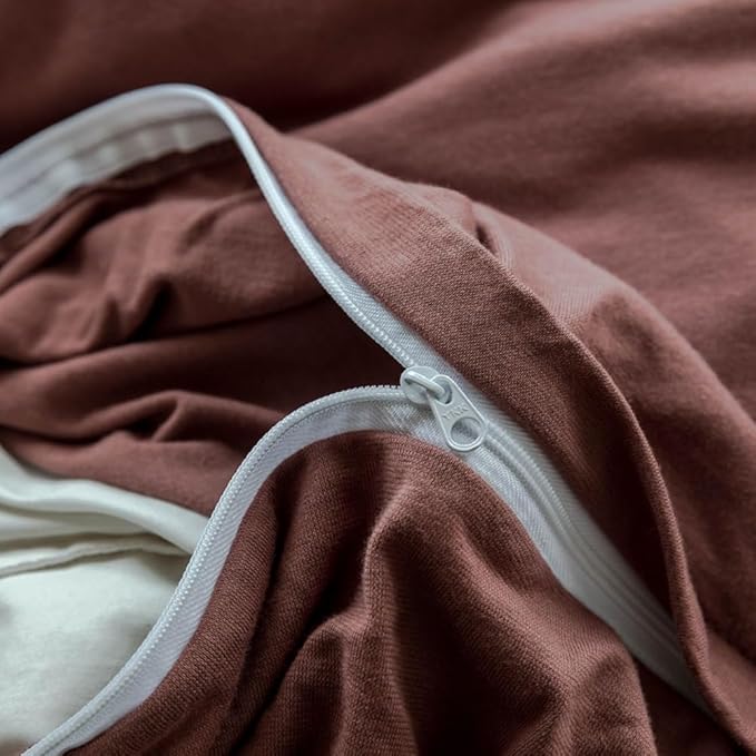 LifeTB Brick Red Duvet Cover Queen Size Soft Jersey Knit Cotton Bedding Set Minimalist Clay Rust Red Comforter Cover 3 Pieces Solid Color Bedding Knitted Cotton Duvet Cover with 2 Pillowcases