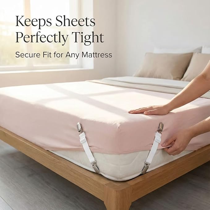 Bed Sheet Straps - Adjustable Sheet Suspenders for Queen King Twin Mattress, Elastic Mattress Straps for Sheets with Metal Clips, 4PCS Triangle Sheet Fasteners (White)