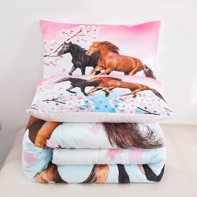 Feelyou Kids Horse Bedding Set Chic Cherry Blossom Bedding Comforter Set for Girls Teens Galloping Horse Printed Comforter 3D Wild Animal Duvet Set Bedroom Decor Quilt Set 3Pcs Queen Size