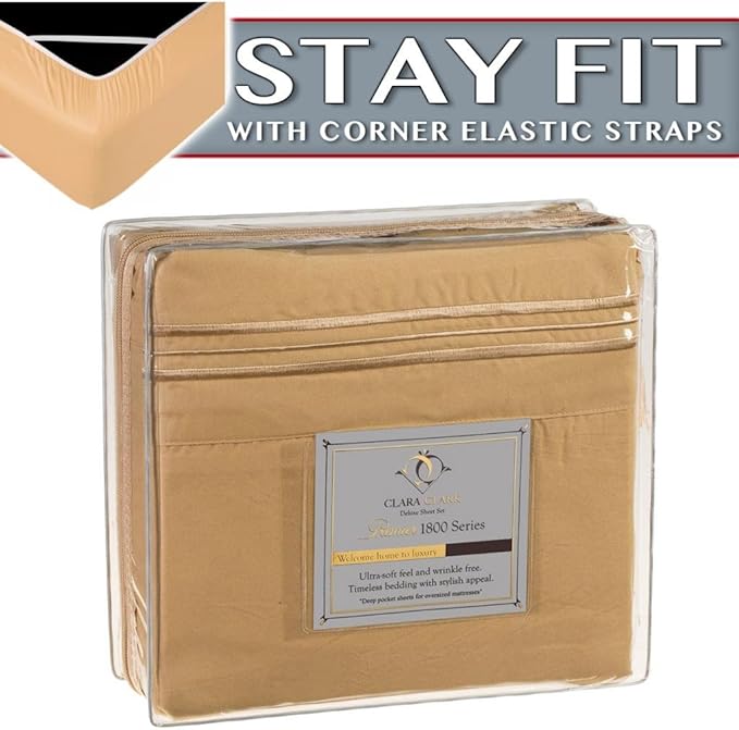 Clara Clark 1800 Series Bed Sheet Sets - Stay fit on Mattress with Elastic Straps at Corners - King, Camel Gold