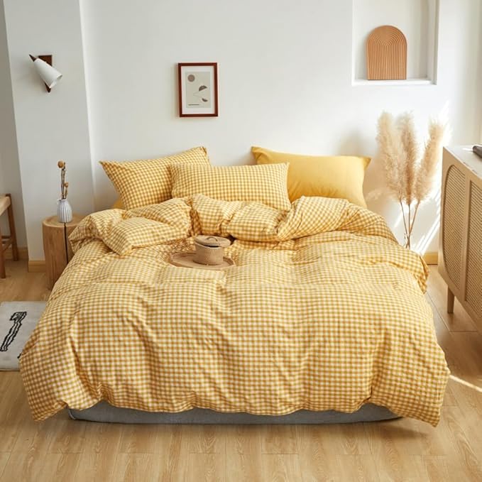 LifeTB Yellow Gingham Duvet Cover Twin 3 Piece 100% Washed Cotton Grid Bedding Set Super Soft Comfy Vintage Plaid Checkered Comforter Cover Farmhouse Breathable Gingham Bedding Set Twin