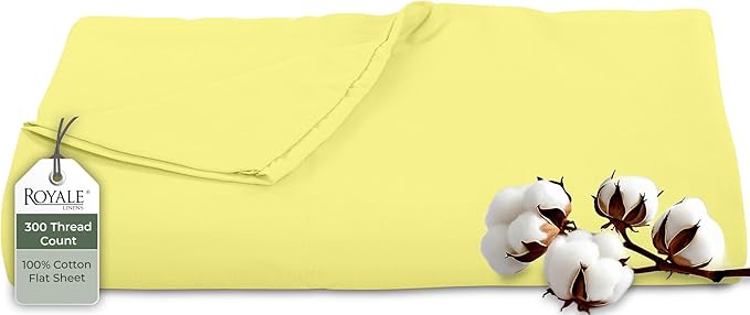 Royale Linens 300 Thread Count 100% Long Staple Combed Cotton Flat Sheet - Super Soft - Top Sheets - Full Flat Sheet Sold Separately - Breathable, Cool & Crisp Percale Sheets Only (Full, Yellow)