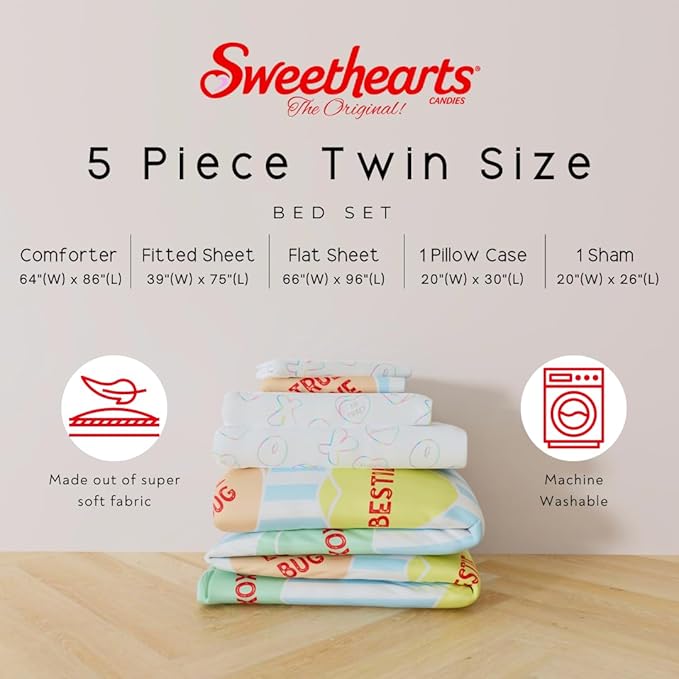 Sweethearts Original Candy Hearts Bedding 5 Piece Twin Bed Set, Soft Cozy Nostalgia Reversible Comforter and Sheet Set with Sham, Officially Licensed Product by Franco