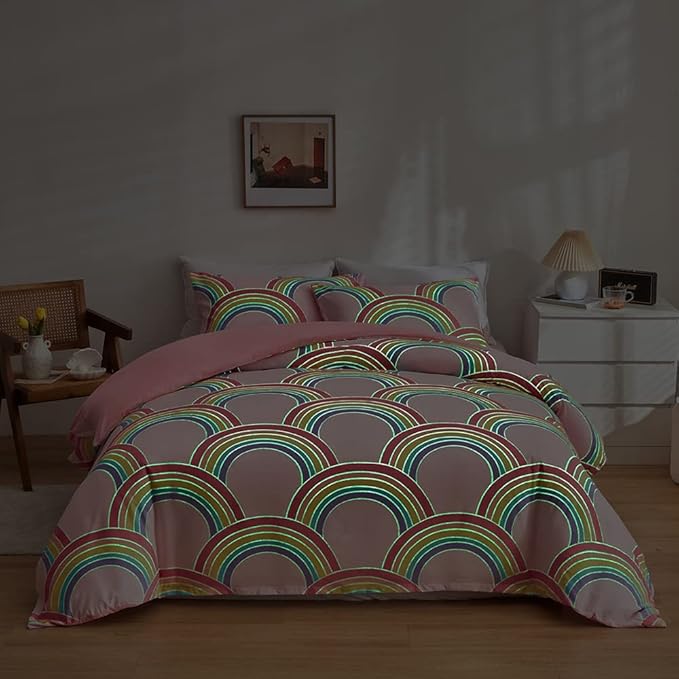 Feelyou Rainbow Glow in The Dark Comforter Set for Girls Kids Full Pink Rainbow Bedding Set Super Soft Colorful Stripe Mermaid Scales Comforter Baby Girl Bedroom Pink Decor Bedding Quilted Duvet