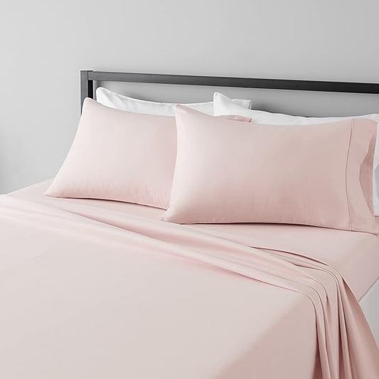 Amazon Basics Lightweight, Breathable, Wrinkle Resistant Microfiber 4-Piece Bed Sheet Set with 14-Inch Deep Pockets, Full, Blush Pink, Solid