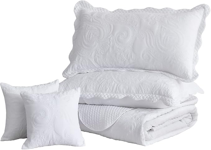 Oversized King Bedspread 138x122 Extra Wide, Paisley Pattern Design, Lightweight Bedding Cover, Reversible, 5 Piece, 100% Microfiber, California/Alaskan King, Pure White