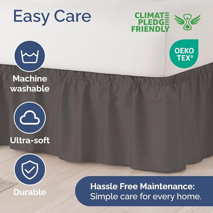 Wrap Around Dust Ruffle Bed Skirt - Dark Grey - for Full Size Beds w/ 16 Inch Drop - Easy Fit Elastic Strap - Adjustable Pleated Bedskirt with Brushed Fabric, Wrinkle Free Women, Men, Kids and Teens
