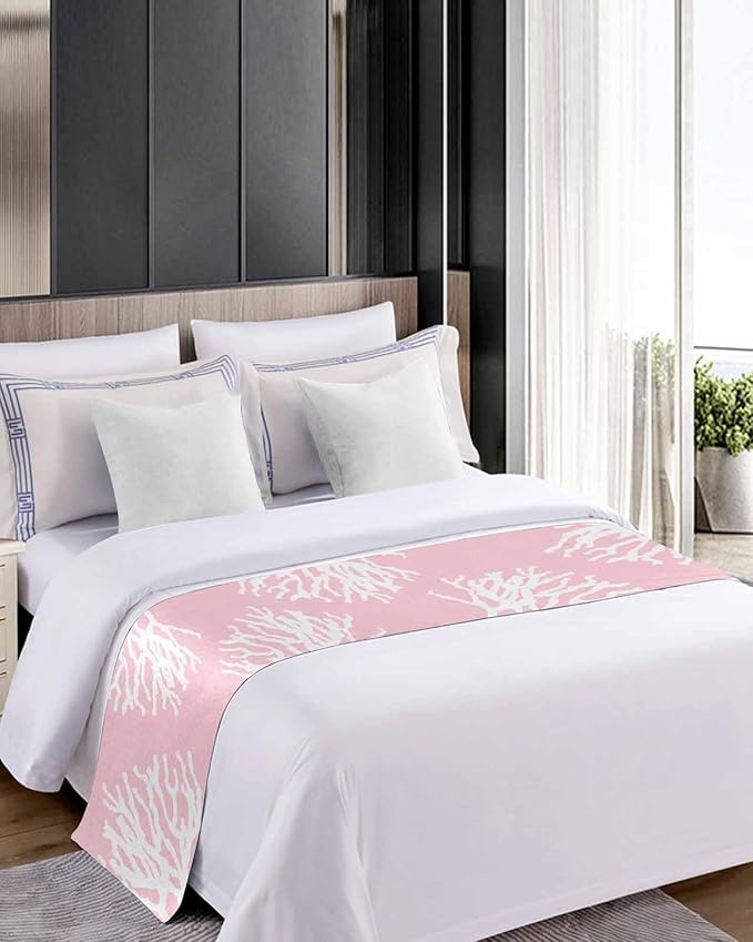 Coral Pink Bed Runner Scarf for Twin Size Bed Foot, Decorative Bedding Accessory Stainproof & Dustproof Soft Protector For Bedroom Hotel Wedding Room Coastal White Ocean Marine Nautical Beach 71"x20"