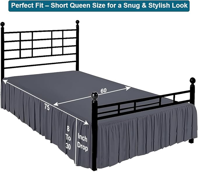 Shreem Linen Ruffled Bed Skirt with Split Corners, Gathered Style, 100% Microfiber, 24-Inch Drop, Dust Ruffle Bedskirt with Platform, Short Queen, Dark Grey