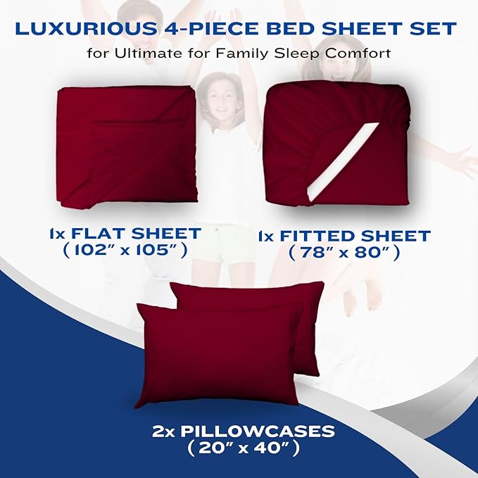 DREAMCARE King Size Sheets Set – 4 pcs Cooling Sheets – up to 21” Deep Pocket King Sheet Set – Hotel Luxury Sheets & Pillowcases – Superior Softness 100% Fine Microfiber with Side Pocket – Burgundy