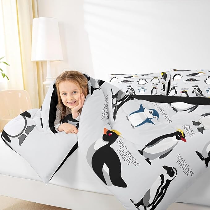 Erosebridal Penguin Comforter Set Queen Size,Black White Penguins Bedding Set Cute Animal Down Comforter for Kids Boys Girls Teens,Wildlife Grey Bedding Quilted Sets with 2 Pillow Cases Bedroom Decor