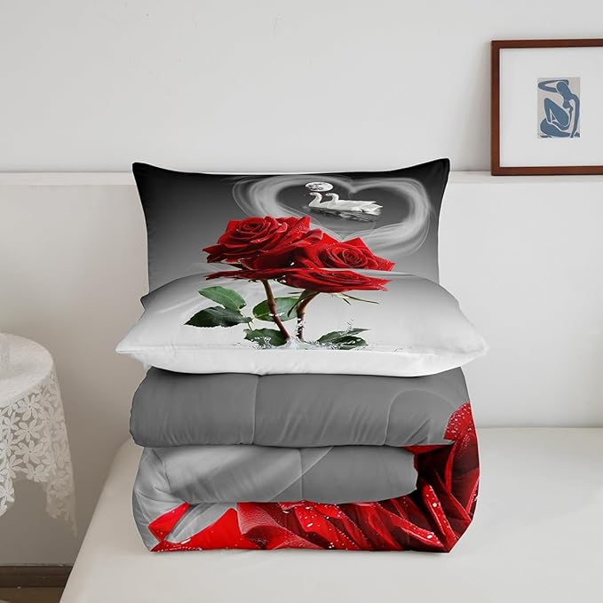 Feelyou Red Rose Bedding Set Swans Couple Comforter Romantic Rose Floral Comforter Set for Men Women Lover Valentine's Day Down Alternative Comforter for All Season Ultra Soft Room Decor Queen Size