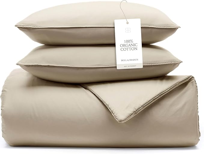 BOLL & BRANCH Signature Comforter Set - Full/Queen, Sand - Duvet Insert and Cover in One Layer - Luxury Organic Cotton, Down Alternative, Hypoallergenic, All-Season - 1 Comforter and 2 Shams