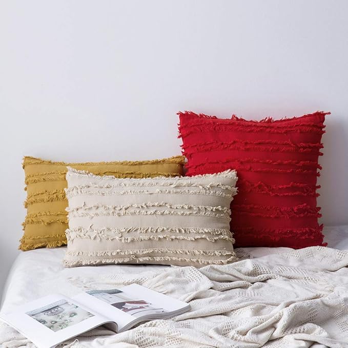 MIULEE Set of 2 Decorative Boho Throw Pillow Covers Spring Linen Striped Jacquard Pattern Cushion Covers for Sofa Couch Living Room Bedroom 12x20 Inch Beige
