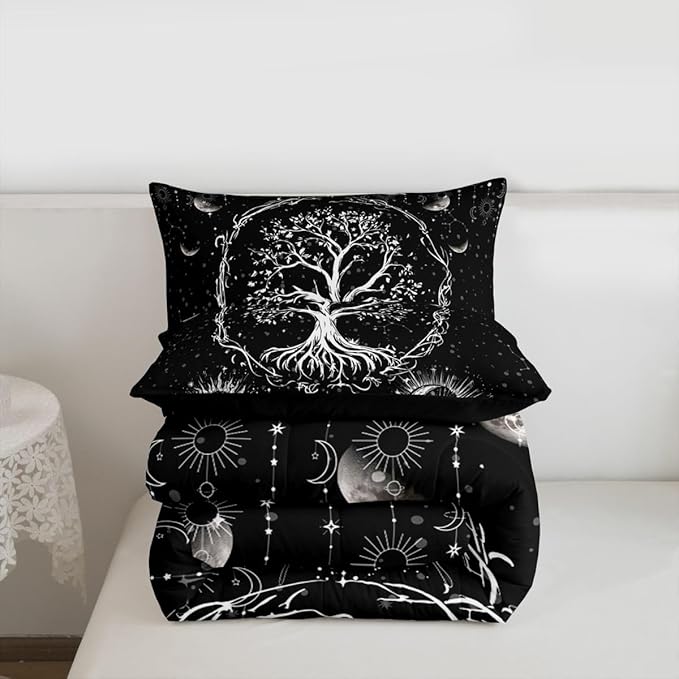 Feelyou Sun and Moon Comforter Bohemian Tree Butterfly Style Bedding Set Psychedelic Hippie Comforter Set for Boys Girls Children Teens Bedroom Decor Galaxy Astrology Duvet Set Queen Size