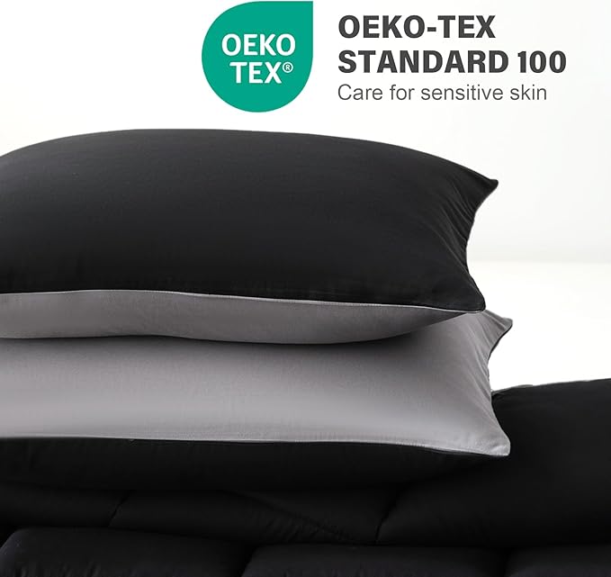 Decroom Lightweight Queen Comforter Set with 2 Pillow Sham - 3 Pieces Set - Quilted Down Alternative Comforter/Duvet Insert for All Season - Black/Grey - Queen Size