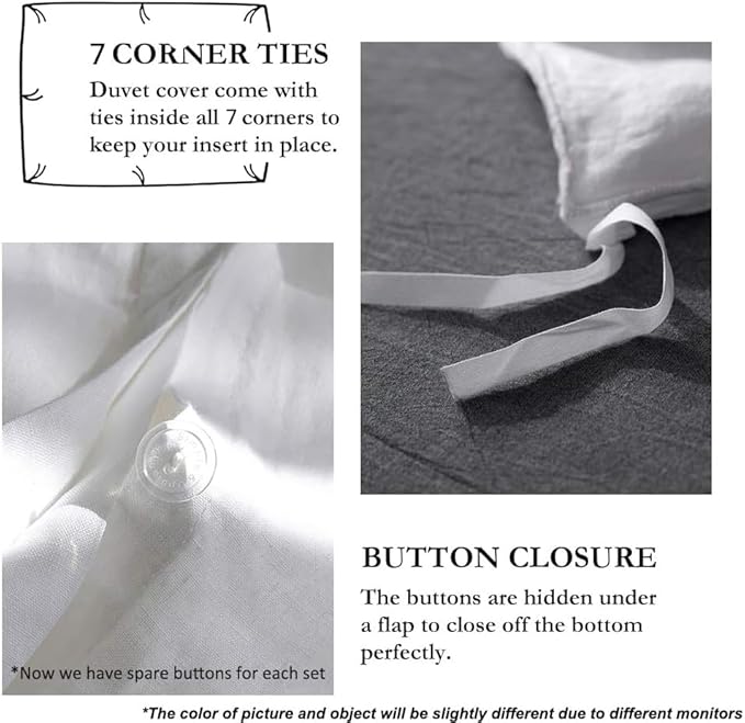 Simple&Opulence 100% Linen Duvet Cover Set with Embroidery Border Washed - 3 Pieces (1 Duvet Cover with 2 Pillow Shams) with Button Closure Soft Breathable Farmhouse - White, Queen Size