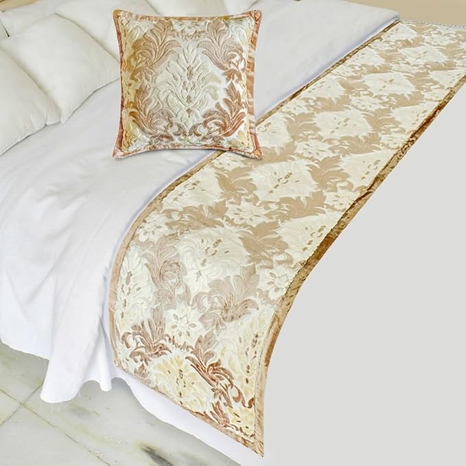 The HomeCentric King/Queen/Twin Beige Luxury King 90"x18" Bed Runner Without Pillow Cover, Damask Bed Scarf on Velvet Fabric - Emmeline