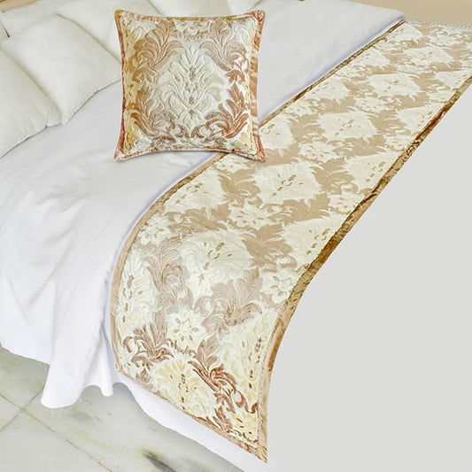 The HomeCentric King/Queen/Twin Beige Decorative Queen 74"x18" Bed Runner with One Pillow Cover, Damask Bed Scarf on Velvet Fabric - Emmeline