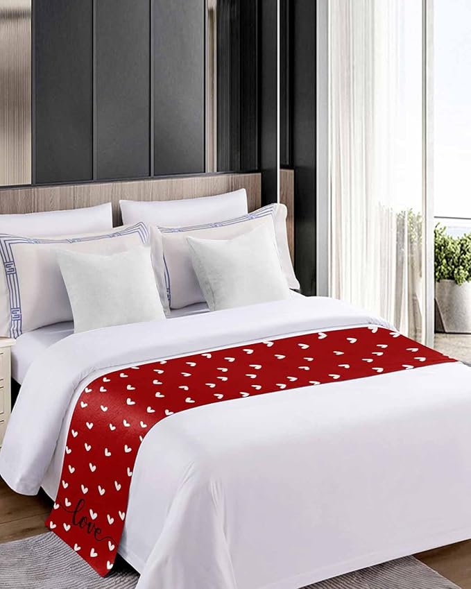 Valentine's Day White Love Hearts Bed Runners for Bedroom Hotel,Decorative Bedding Scarf Sweetheart and Quote on Red Bed End Blanket Bedding Runner Scarves for Queen Size Bed,94x20in