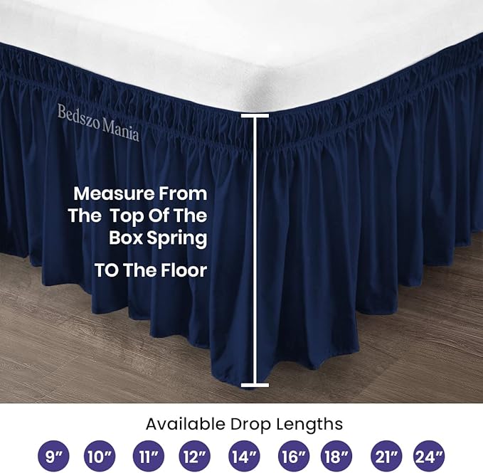 Wrap Around Bed Skirt 10" Inch Drop 100% MicrofibreFabric 1-Piece Bed Skirt Easy Fit Easy Care Fade & Wrinkle Resistant - Queen Size (60"X80"), Navy Blue Color