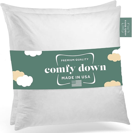 ComfyDown Set of Two20X20 Decorative Throw Pillow Insert, Down and Feathers Fill, 100% Cotton Cover 233 Thread Count, Square Pillow Insert - Made in USA