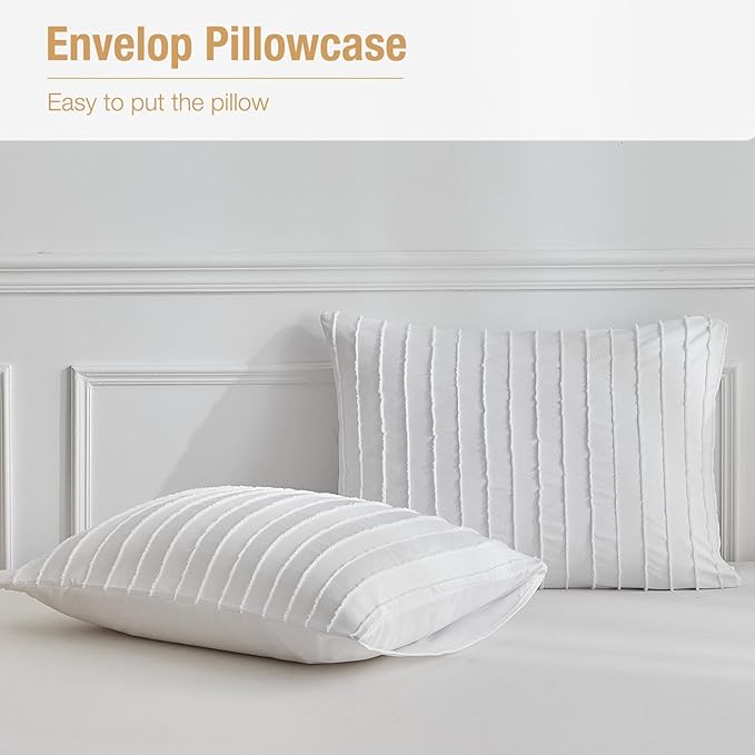 Lekesky White Duvet Cover Queen Size, Striped Tufted Textured Queen Duvet Cover Set 3pcs Ultra Soft Microfiber Breathable Shabby Chic Boho Bedding Sets with Zipper Ties (No Comforter)