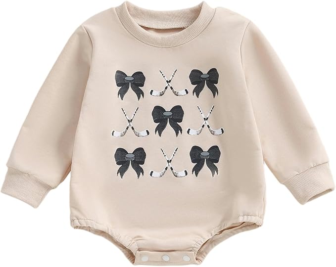 Newborn Infant Baby Girl Game Day Outfit Bows Hockey Onesie One Piece Long Sleeve Romper Winter Clothes