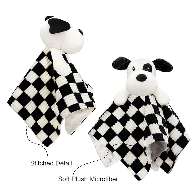Baby Security Blanket for Boys Girls, High Contrast Super Soft 3D Checkerboard Gingham with Minky Dot Fabric Backing Snuggle Stuffed Animal Blankie Puppy Lovely Black 14 Inch