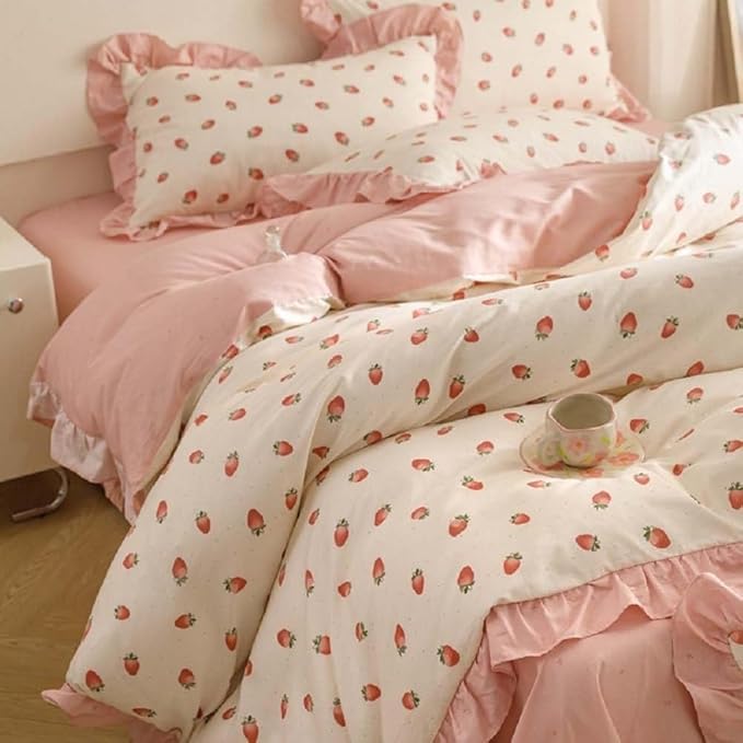 Nayoroom Ruffle Duvet Cover Twin Size Pink Strawberry Printed on White Ruffled Bedding Set 2Pcs Reversible Kids Girls Cute Kawaii Coquette Comforter Cover Soft Lightweight Microfiber