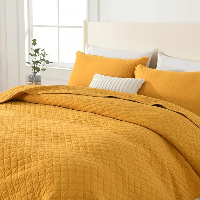 Cotton King Quilt Bedding Sets, 3 Pieces Reversible Lightweight Coverlets Comforters Bedspreads for All Seasons, Geometric Stitched Pattern,Yellow