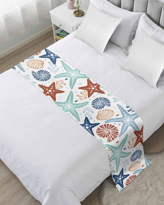 Blue Teal Khaki Coral Bed Runner for Full/ Queen Size Bed, Bedspread Protector Slipcover Bed Scarf for Foot Bed Runners & Scarves for Bedroom 83x20 Spring Summer Coastal Starfish Beach Nautical Conch