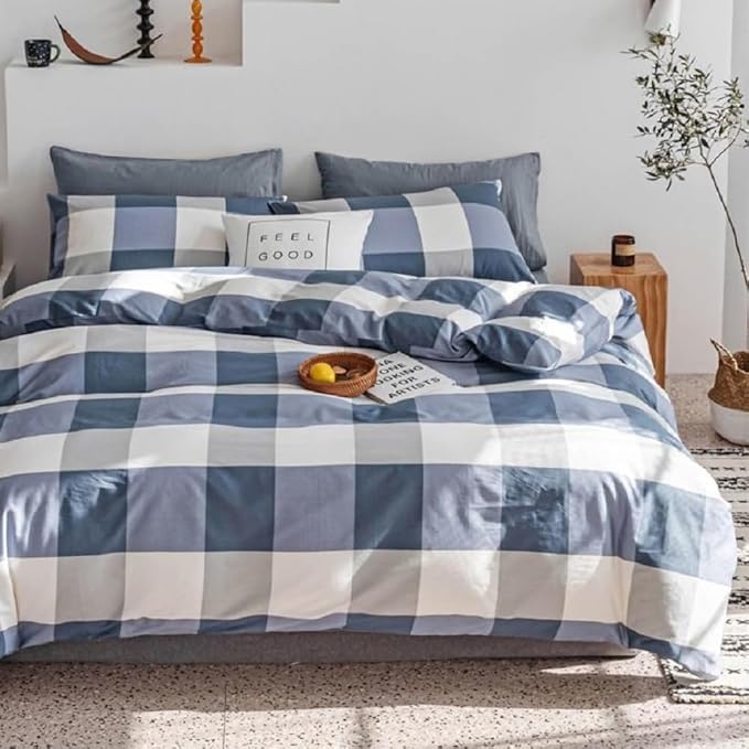 Plaid Comforter Set Blue White Checkered Bedding Comforter King Size Fluffy Soft Geometric Plaid Grid Comforter Set for All Seasons Farmhouse Bedding Set Checkered Pattern Comforter with 2 Pillowcases