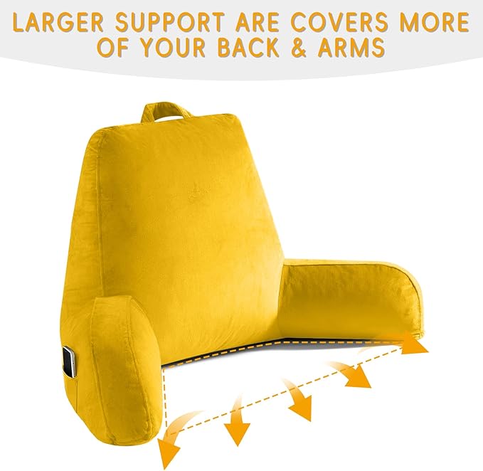 Reading Pillow for Sitting in Bed Adult, X-Large Reading Pillow with Shredded Memory Foam, Back Pillow for Sitting Up with Extend Arms, Pockets, Bed Pillow with Washable Cover, Yellow