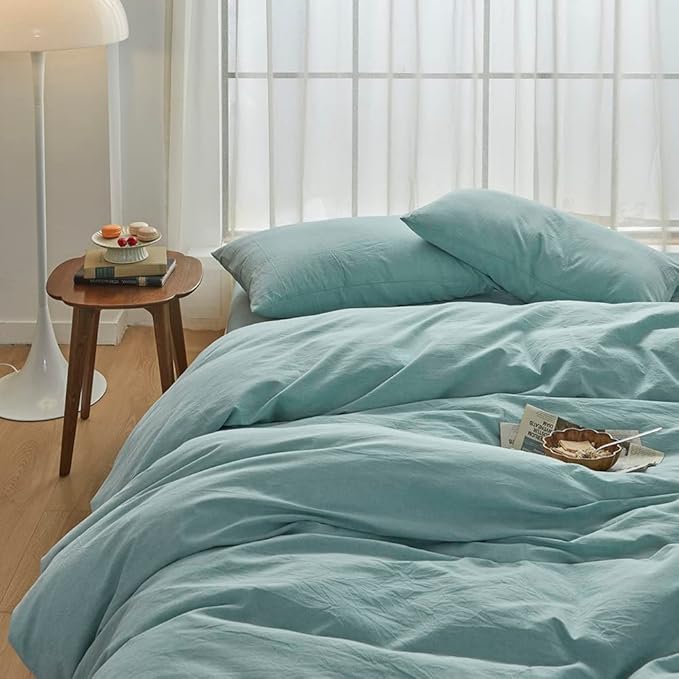 FACE TWO FACE Bedding Duvet Cover Set100% Washed Cotton Duvet Cover Linen Like Textured Breathable Durable Soft Comfy (King, Dusty Blue)