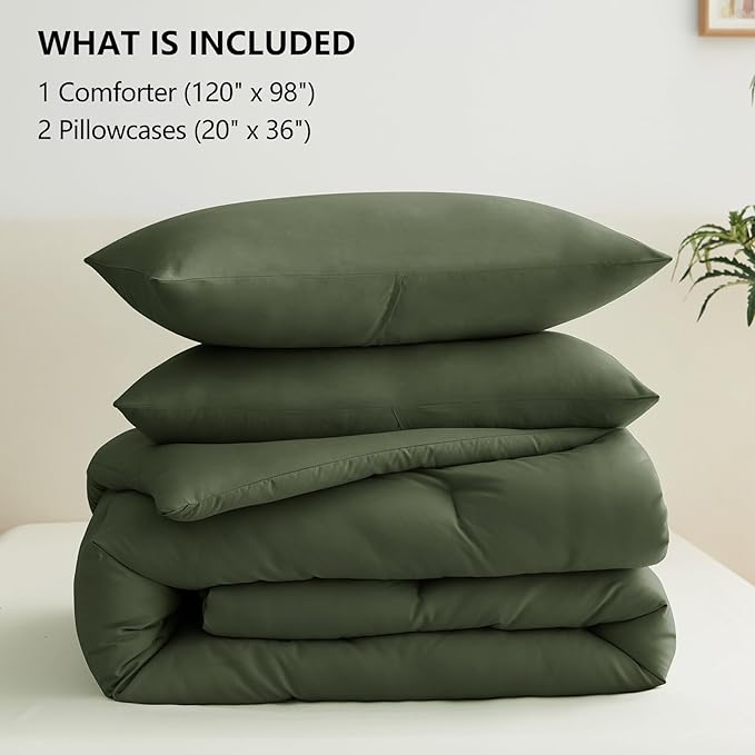CozyLux Oversized King Comforter Set Olive Green, 3 Pieces 120x98 Solid Breathable Quilted Style Bedding Sets All Season, Luxury Soft Down Alternative Comforter Bed Set (1 Comforter & 2 Pillowcases)