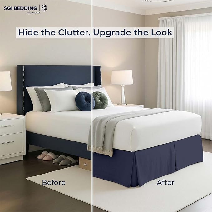SGI Bedding 11 inch Drop Bed Skirt King Size - Platform Style with Secure Fit, Classic Tailored Look, Elegant Pleated Style Dust Ruffle, Split Corners, Wrinkle Resistant Microfiber - Navy Blue