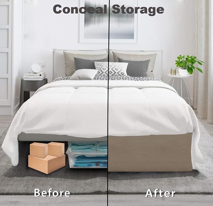 Full Bed Skirt-Box Spring Cover with 14 Inch Tailored Drop,Wrinkle and Fade Resistant Hotel Wrap Around Bed Skirts,Bed Frame Cover (Wave Pattern Light Khaki, Full)