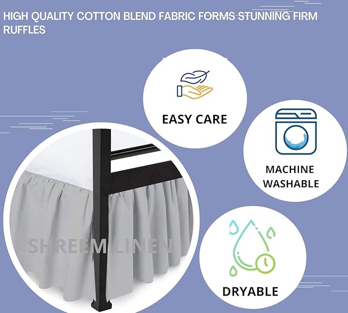 Shreem Linen Ruffled Bed Skirt with Split Corners, Gathered Style, 100% Microfiber, 28-Inch Drop, Dust Ruffle Bedskirt with Platform, Twin-XXL, Light Grey
