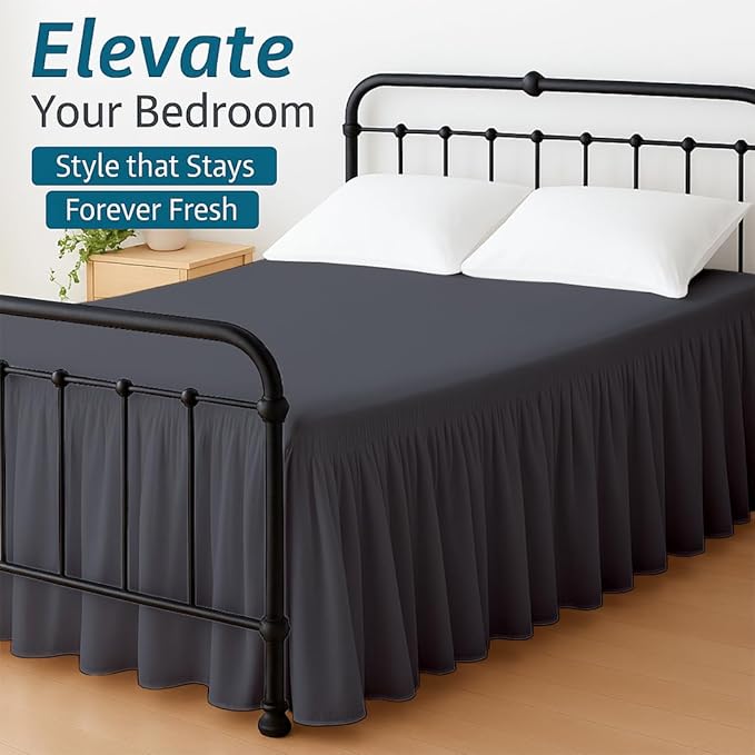 Shreem Linen Ruffled Bed Skirt with Split Corners, Gathered Style, 100% Microfiber, 15-Inch Drop, Dust Ruffle Bedskirt with Platform, Full-XXL, Dark Grey