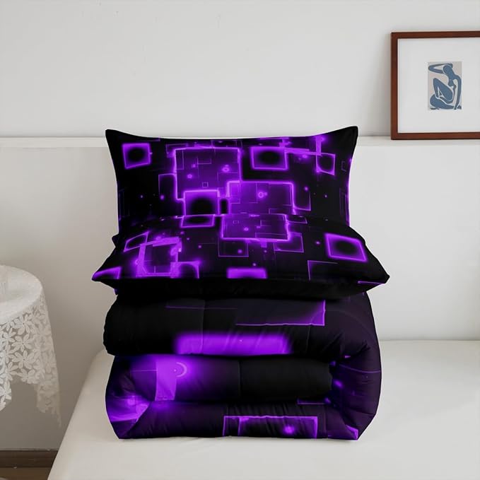Feelyou Kids Geometric Purple Black Bedding Set Queen Size, Geometrics Comforter Set Light Honeycomb Comforter for Kids Boys Girls Abstract Duvet Insert Room Decor 3Pcs