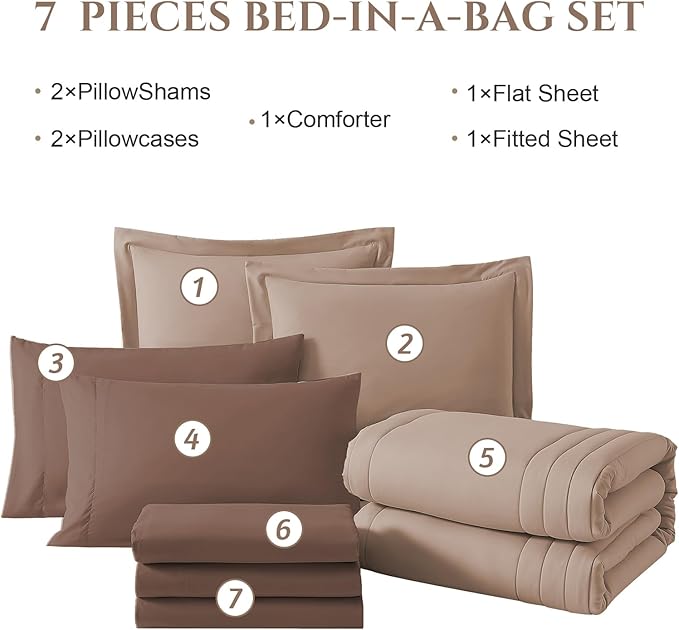 Monbix Full Comforter Set - 7 Pieces Rust Pink Bed in a Bag Full Size Bedding Sets with Comforters, All Seasons Comforter with Sheets, Pillowcases & Shams