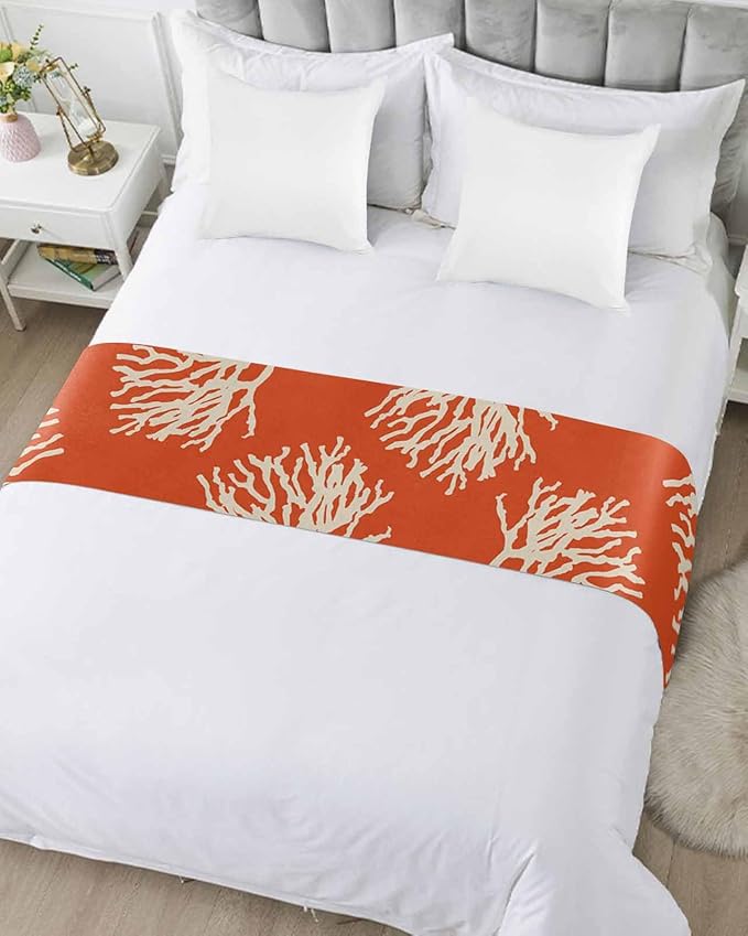 Coral Orange Bed Runner Scarf for Full Size Bed Foot,Decorative Bedding Accessory Stainproof & Dustproof Soft Protector For Bedroom Wedding Room Coastal White Ocean Marine Nautical Beach 83"x20"