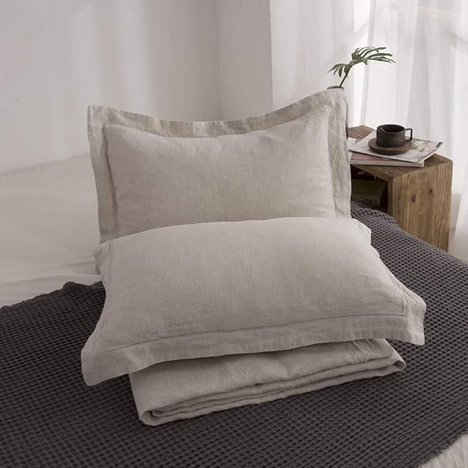 Simple&Opulence 100% Linen Duvet Cover Set with Embroidery Border Washed - 3 Pieces (1 Duvet Cover with 2 Pillow Shams) with Button Closure Soft Breathable Farmhouse - Linen, Full Size