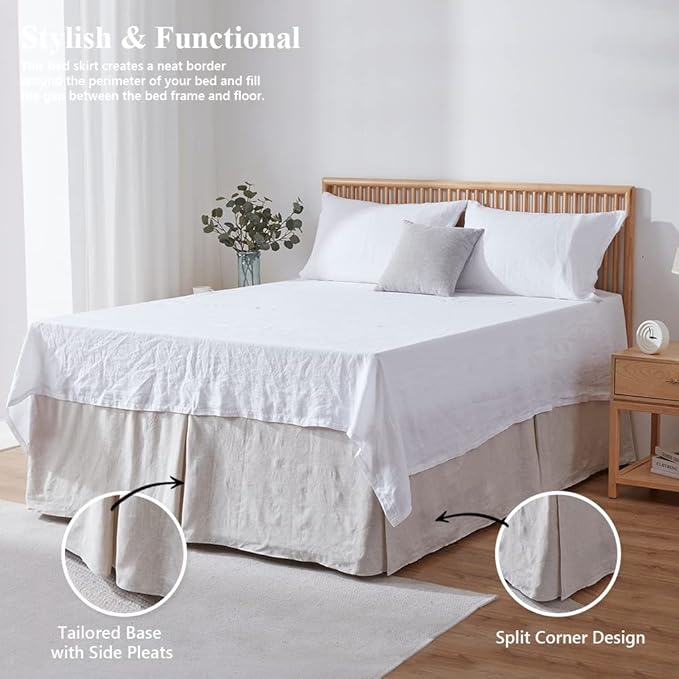 Simple&Opulence Belgian Linen Bed Skirt with Classic 14 inch Tailored Drop Dust Ruffle, Easy Fit Breathable Premium Natural Flax- Basic Linen, King