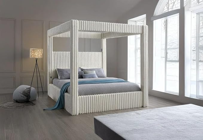 First of a Kind Serenity Edge Corduroy Canopy Bed - Modern King Bed with Plush Ribbed Fabric, Clean Lines, & Bold Texture - Canopy Bed King for Unwinding in Style & Comfort, Beige